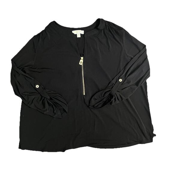 Michael Kors Womens 3XL Black Zip Front Roll Tab Sleeve Blouse Top Lightweight - Picture 2 of 8